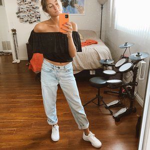 asos black off the shoulder top with ruffle detail